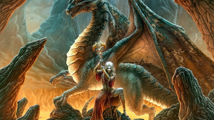 girl, dragon, fantasy, rocks