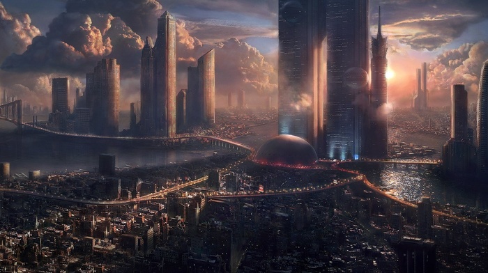 Sun, high-rise buildings, fantasy