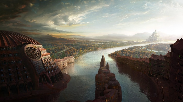 city, river, fantasy