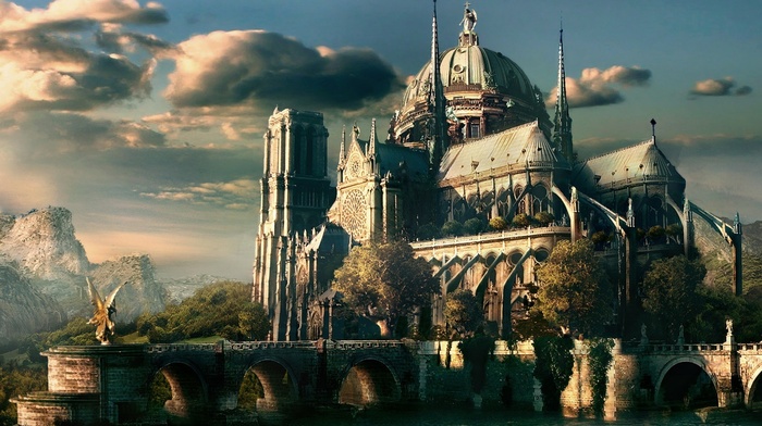 castle, nature, fantasy, clouds