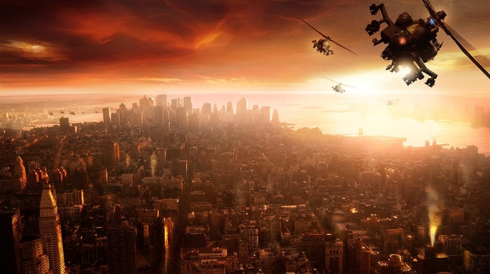 helicopters, high-rise buildings, fantasy