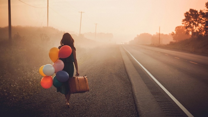 balloons, road, girl, sad