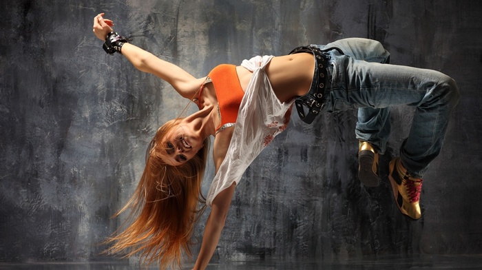 jeans, pants, breakdance, girl, blonde, arms up, shoes