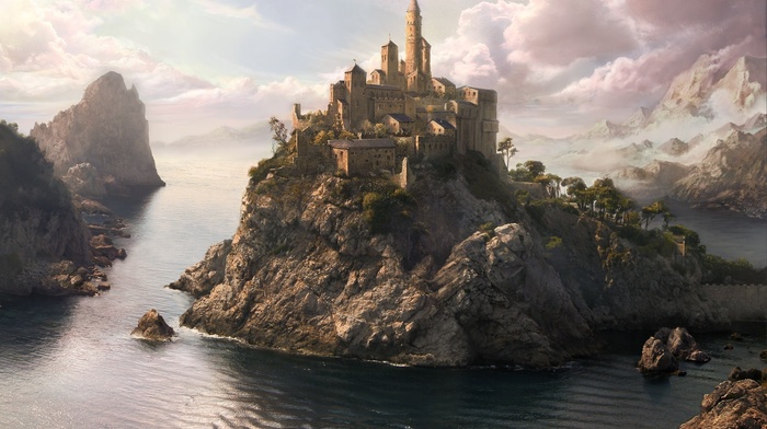 sea, fantasy, castle, mountain