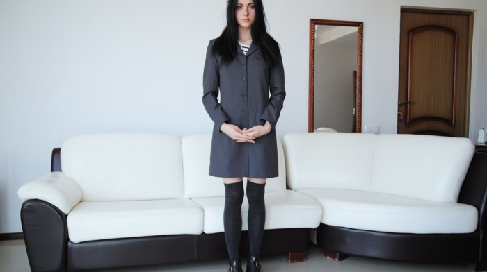 coats, dark hair, couch, girl, knee, highs