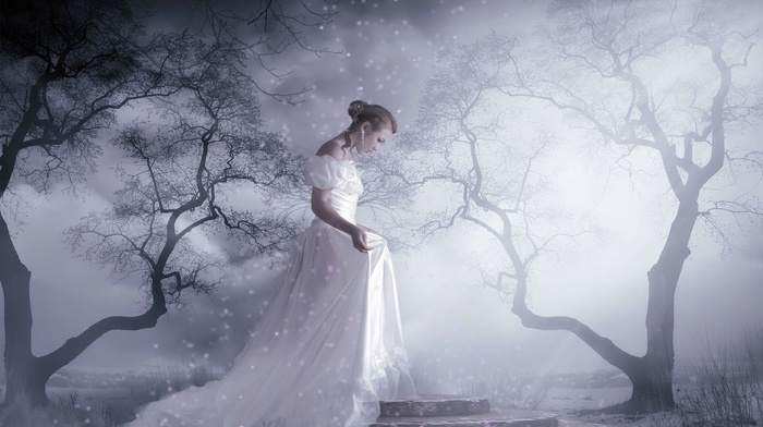 fantasy, stairs, white dress