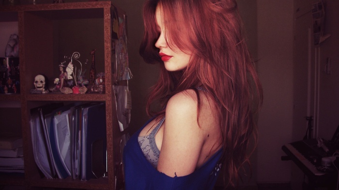 redhead, girl, hair in face, long hair, red lipstick
