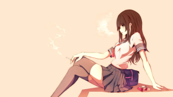 simple, thigh, highs, Merontomari, smoking, anime girls, school uniform