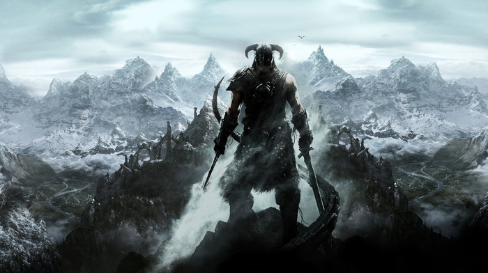 snow, the elder scrolls v skyrim, fantasy art, sword, mountain, landscape, video games