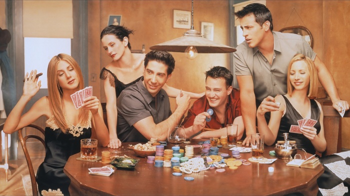 Rachel Green, Joey Tribbiani, Friends TV series, Ross Geller, Monica Geller, cards, table, Chandler Bing, Phoebe Buffay