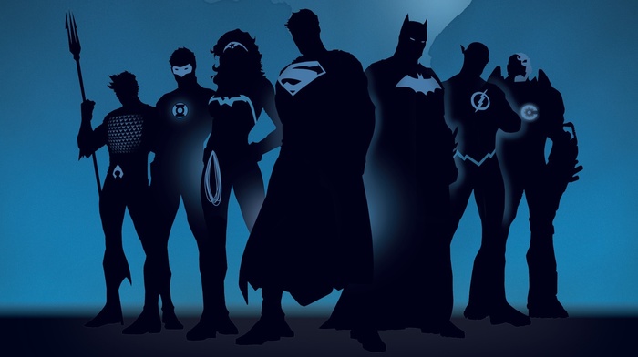 Superman, Green Lantern, artwork, minimalism, DC Comics, Aquaman, superhero, Batman, Wonder Woman, silhouette, Flash, blue background, The Flash