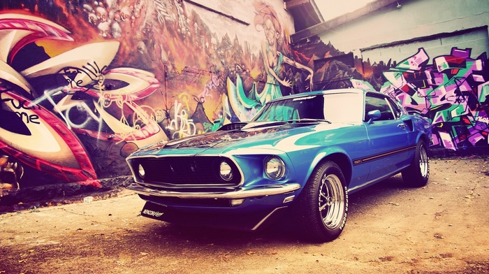 Ford Mustang, car, blue cars, Ford Mustang Mach 1, muscle cars, Shelby GT500, Ford, graffiti