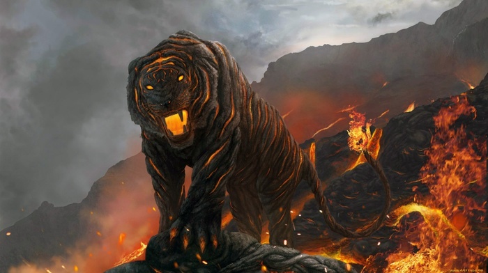 fire, tiger, volcano, lava