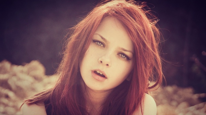 open mouth, filter, girl, face, model, redhead, girl outdoors