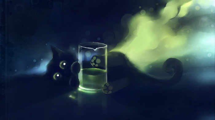 glass, black cats, apofiss, painting, DeviantArt, cat