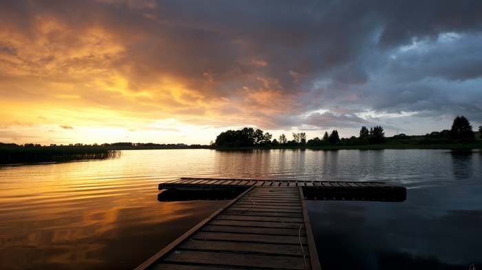 sunset, landscape, lake, nature, HDR