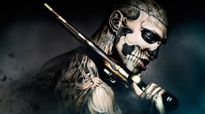 nose rings, men, Rico the Zombie, tattoo, gun