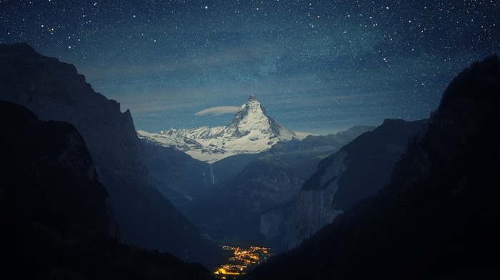 snow, night, stars, lights, mountain, landscape, winter, Matterhorn, nature