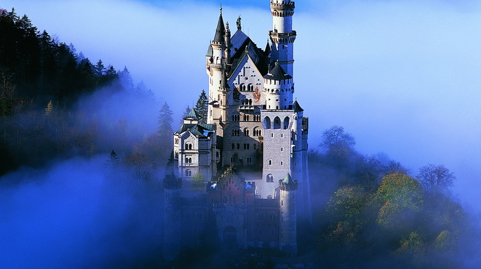 mist, castle, mountain, cities, Germany