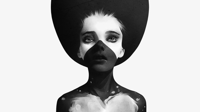 artwork, body paint, white, black, monochrome, girl