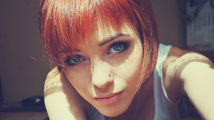 redhead, piercing, closeup, face, girl, white tops