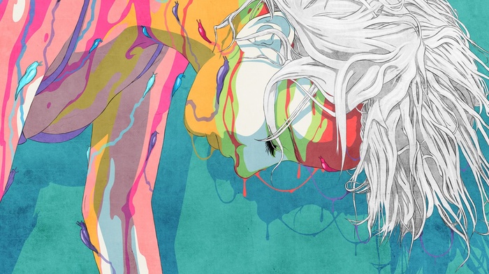 white hair, girl, artwork, colorful