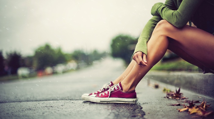 girl, Converse, alone, leaves, legs, rain, pavements