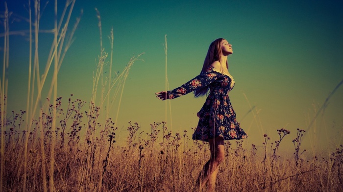 filter, girl, brunette, field, dress, girl outdoors