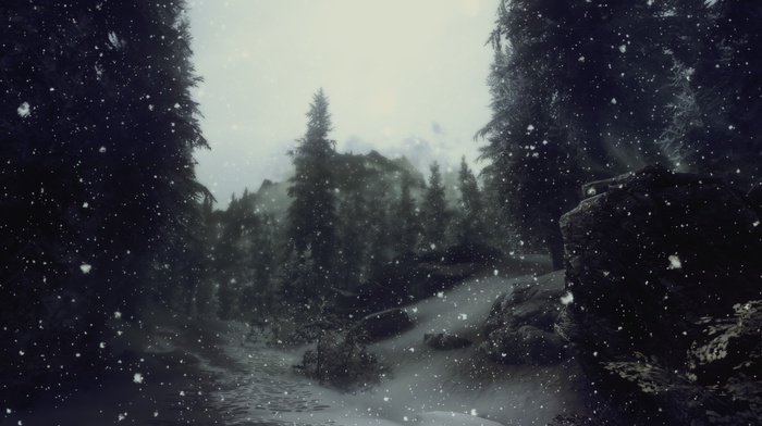 artwork, snow, trees, depth of field, video games, the elder scrolls v skyrim, nature