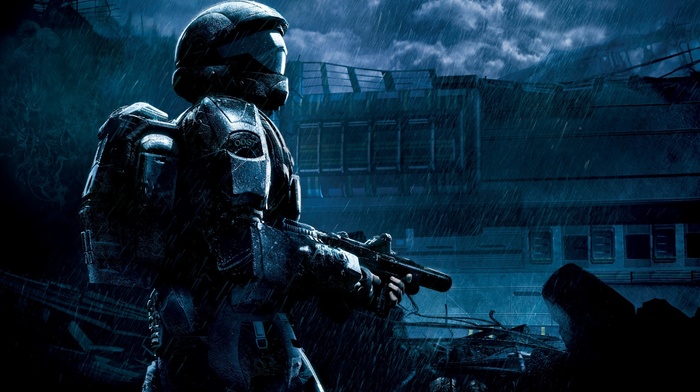 gun, soldier, rain, Halo, video games