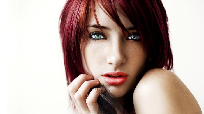 face, redhead, eyes, Susan Coffey, white background, freckles, lips, girl, closeup