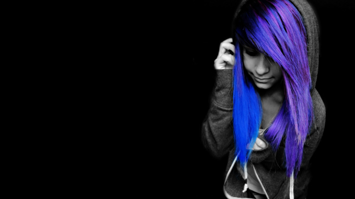 emo, purple hair, black background, selective coloring, blue hair, black