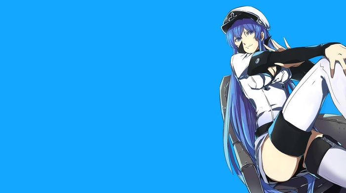 blue hair, Esdeath, blue background, long hair, Akame ga Kill, chair, blue eyes, anime