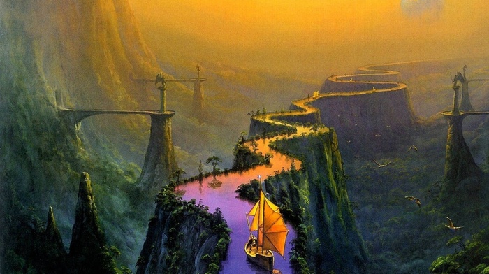 river, fantasy art, landscape, boat