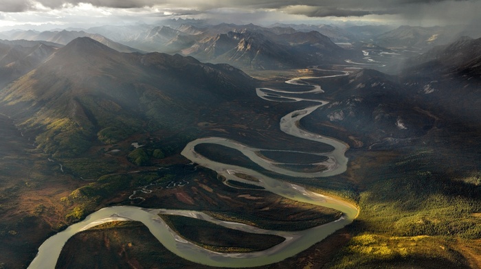 river, sun rays, landscape, valley, island, mountain, nature