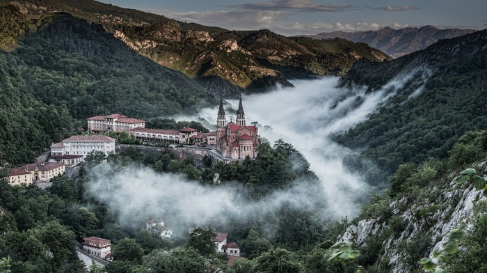 mountain, castle, mist, landscape