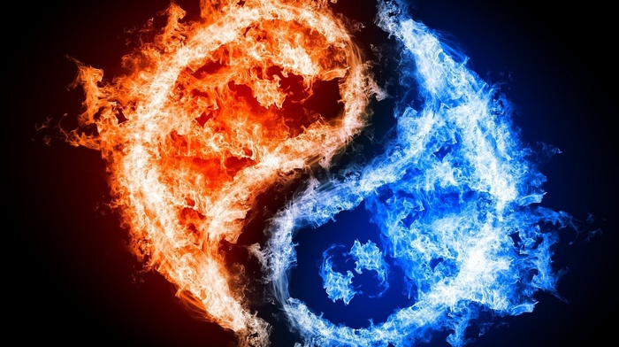 digital art, water, Yin and Yang, fire