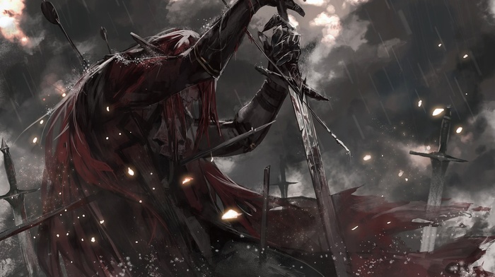 alcd, blood, Pixiv Fantasia, smoke, leather armor, cape, sword, dark, rain, redhead, arrows