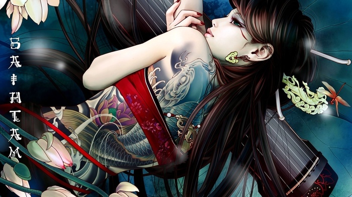 tattoo, girl, anime, flowers