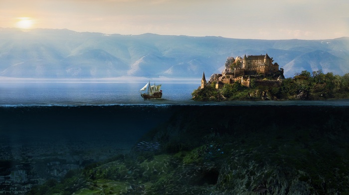 split view, castle, sailing ships, fantasy art