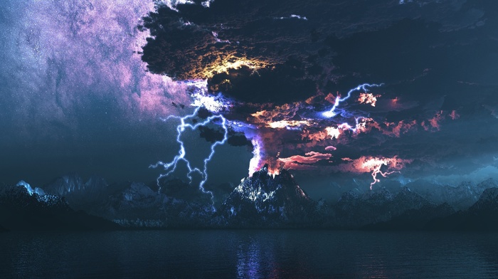 lightning, photo manipulation, volcano