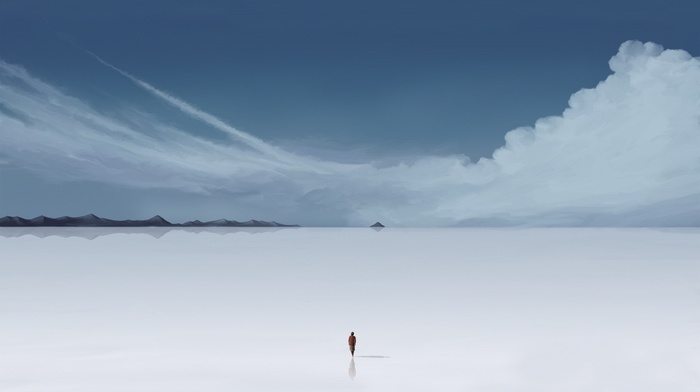 mountain, clouds, horizon, men, minimalism