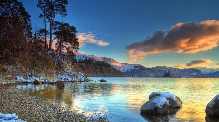 lake, nature, rock, landscape, sunset