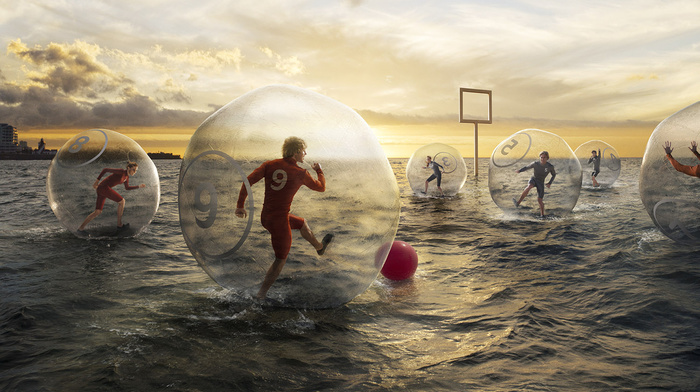 sunset, game, water, sea, humor, creative, balloon, soccer