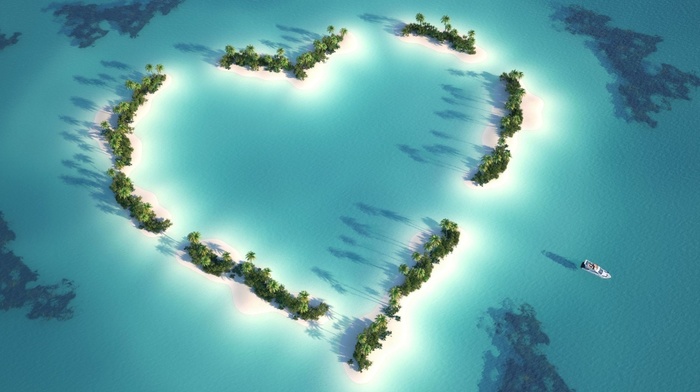 island, sea, aerial view, hearts