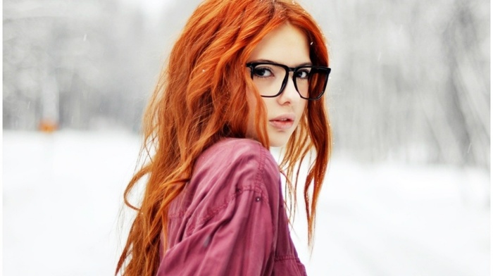 snow, long hair, girl, dark eyes, redhead, model, girl outdoors, glasses