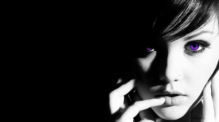girl, Melissa Clarke, monochrome, purple eyes, face