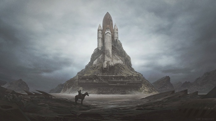 horse, apocalyptic, launch pads, space shuttle, wasteland, dystopian
