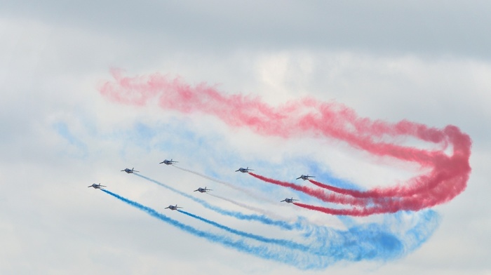 smoke, airplane, aircraft, blue, red