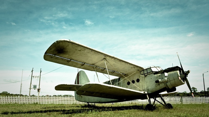 sky, aircraft, grass, airplane, fence